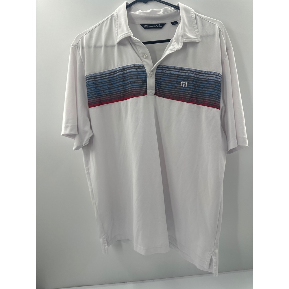 TravisMathew Mens White Striped Performance Golf Polo Shirt Size Large L